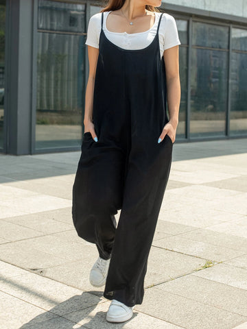 Solid Slant Pocket Wide Leg Cami Jumpsuit Without Tee