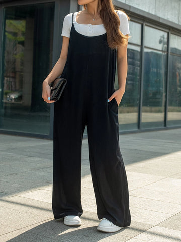 Solid Slant Pocket Wide Leg Cami Jumpsuit Without Tee