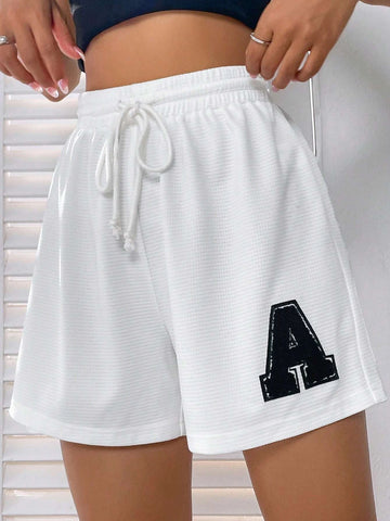 EZwear Letter Patched Drawstring Waist Shorts
