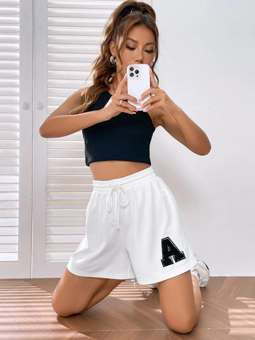EZwear Letter Patched Drawstring Waist Shorts