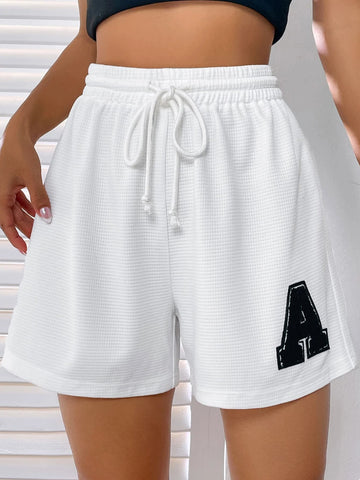 EZwear Letter Patched Drawstring Waist Shorts