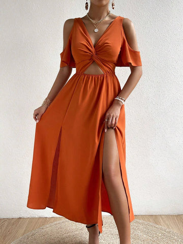 Cold Shoulder Twist Front Cut Out Front Split Thigh Dress