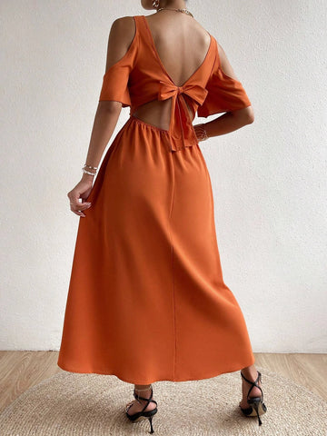 Cold Shoulder Twist Front Cut Out Front Split Thigh Dress