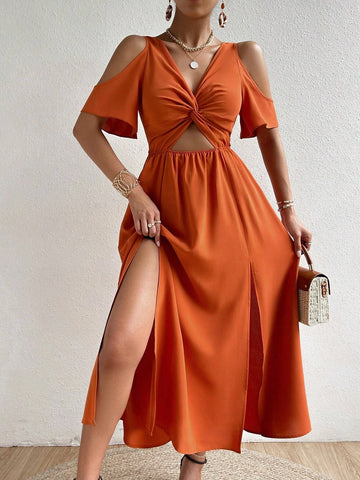 Cold Shoulder Twist Front Cut Out Front Split Thigh Dress