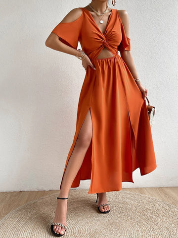 Cold Shoulder Twist Front Cut Out Front Split Thigh Dress