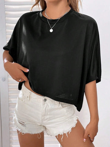 Solid Batwing Sleeve Crop Tee