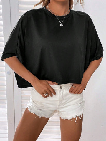 Solid Batwing Sleeve Crop Tee