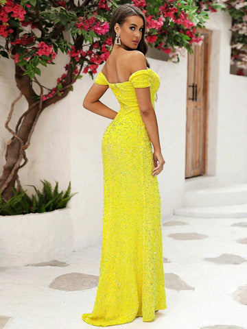 LOVE&LEMONADE Off Shoulder Mermaid Hem Sequin Formal Dress