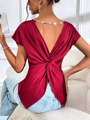 Twist Backless Chain Detail Batwing Sleeve Blouse