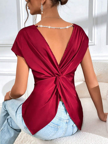 Twist Backless Chain Detail Batwing Sleeve Blouse