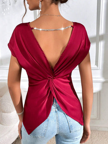 Twist Backless Chain Detail Batwing Sleeve Blouse