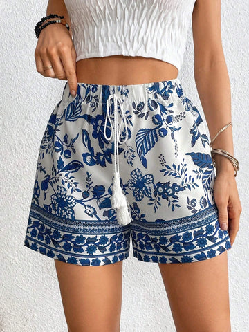 VCAY Floral Print Knot Waist Shorts
