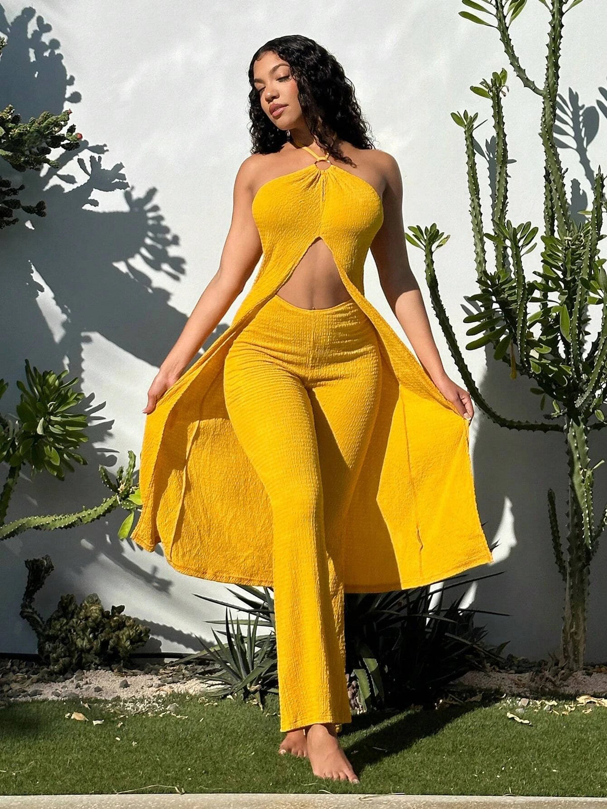 Solid Split Hem Halter Top & Flare Leg Pants