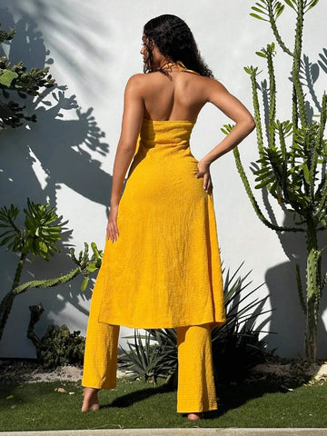 Solid Split Hem Halter Top & Flare Leg Pants