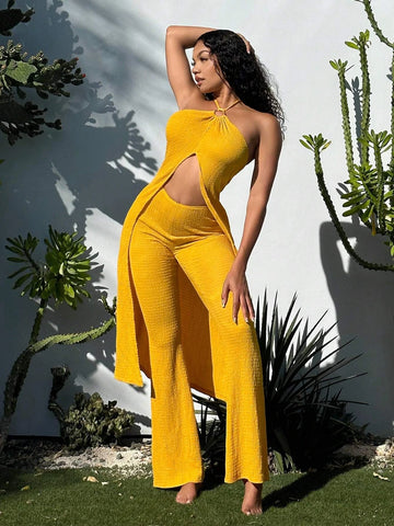 Solid Split Hem Halter Top & Flare Leg Pants