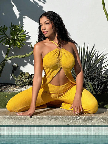Solid Split Hem Halter Top & Flare Leg Pants