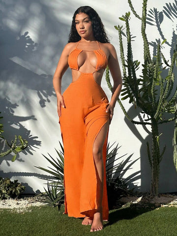 Cut Out Split Thigh Tie Backless Halter Neck Wide Leg Jumpsuit