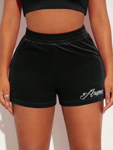 SXY Rhinestone Letter Graphic Velvet Shorts