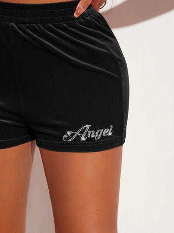 SXY Rhinestone Letter Graphic Velvet Shorts