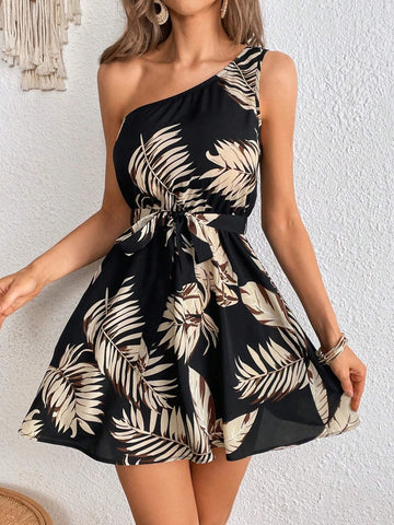 Tropical Print One Shoulder Belted Dress