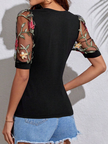 Floral Embroidery Mesh Puff Sleeve Tee