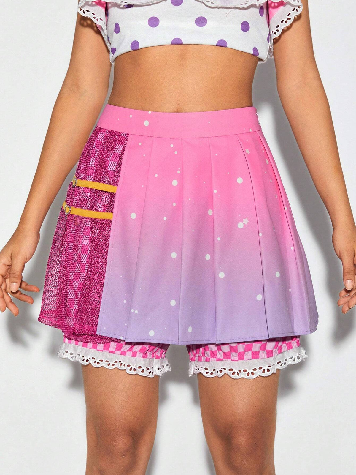 Ombre Print Contrast Mesh Pleated Skort