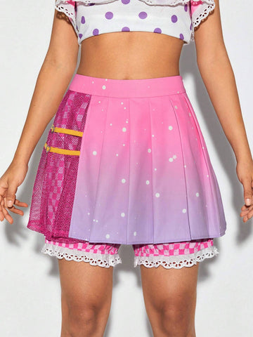 Ombre Print Contrast Mesh Pleated Skort