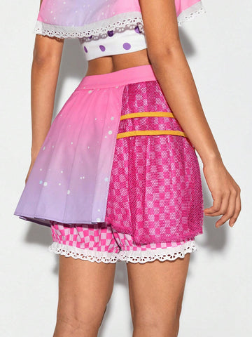 Ombre Print Contrast Mesh Pleated Skort