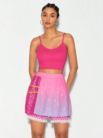 Ombre Print Contrast Mesh Pleated Skort