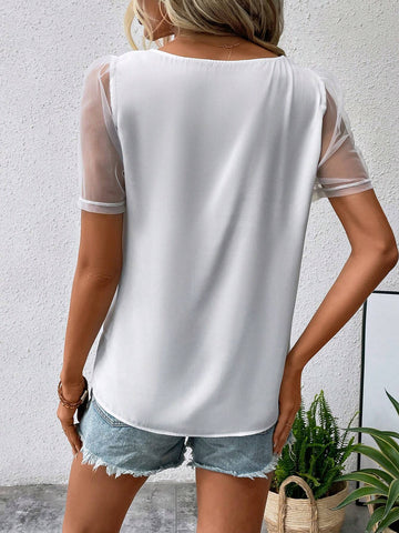 Contrast Mesh Puff Sleeve Asymmetrical Neck Blouse