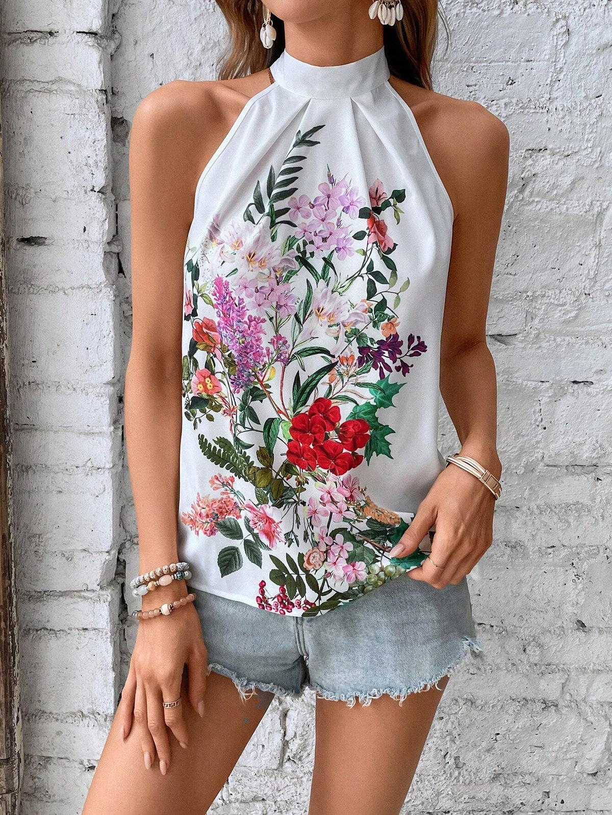 Floral Print Tie Back Halter Neck Blouse
