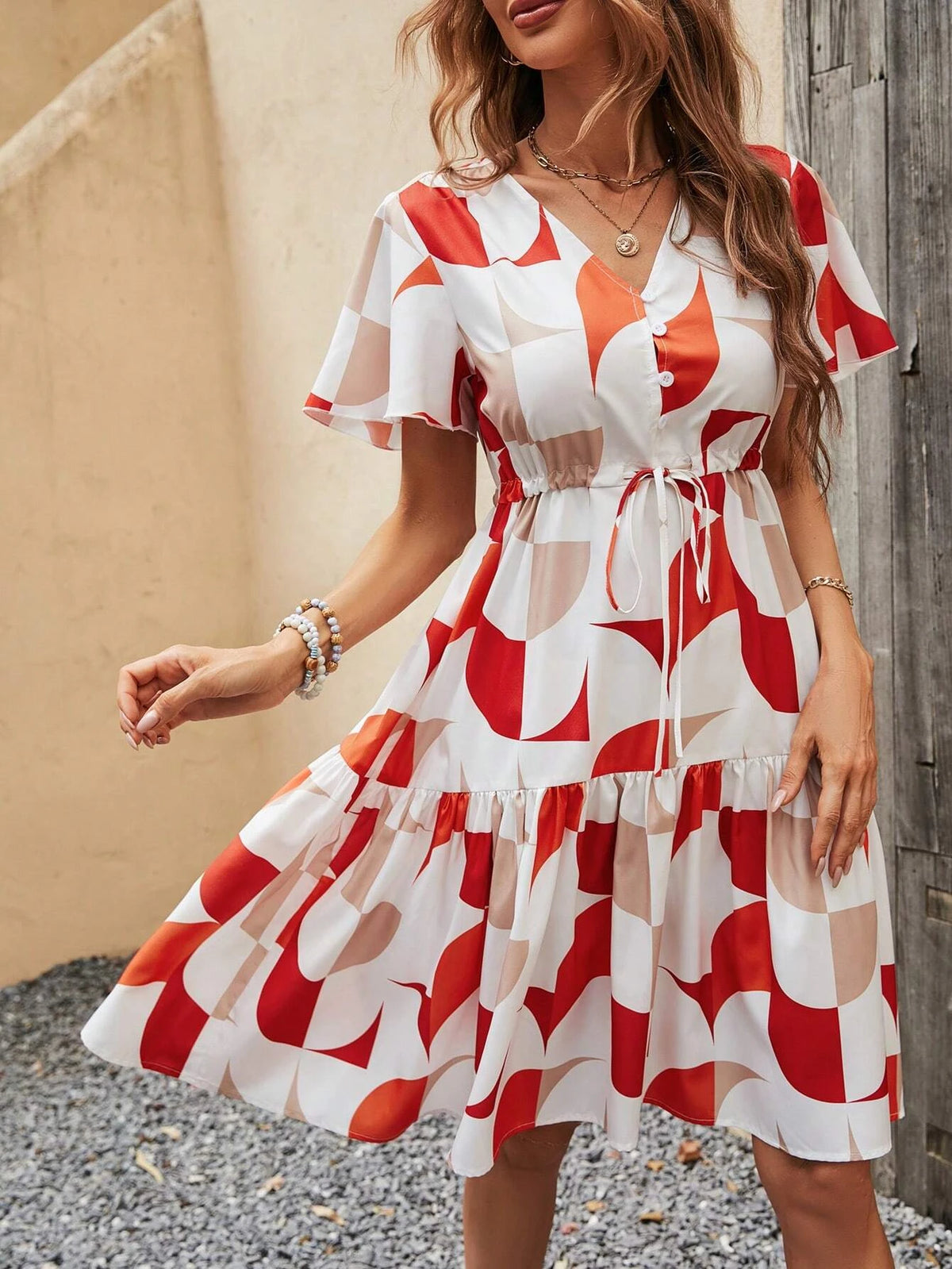 EMERY ROSE Geo Print Knot Front Ruffle Hem Dress