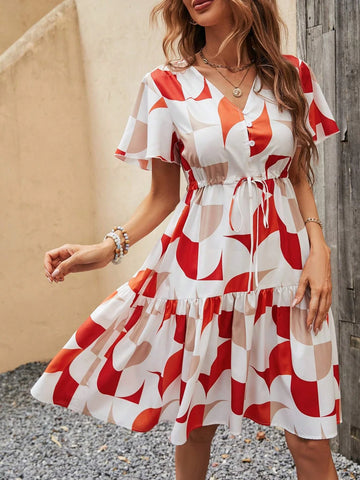 EMERY ROSE Geo Print Knot Front Ruffle Hem Dress