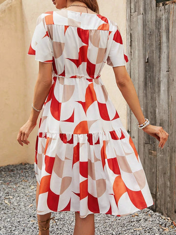 EMERY ROSE Geo Print Knot Front Ruffle Hem Dress
