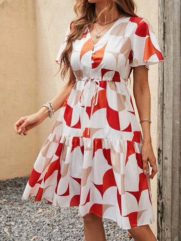 EMERY ROSE Geo Print Knot Front Ruffle Hem Dress