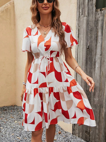 EMERY ROSE Geo Print Knot Front Ruffle Hem Dress
