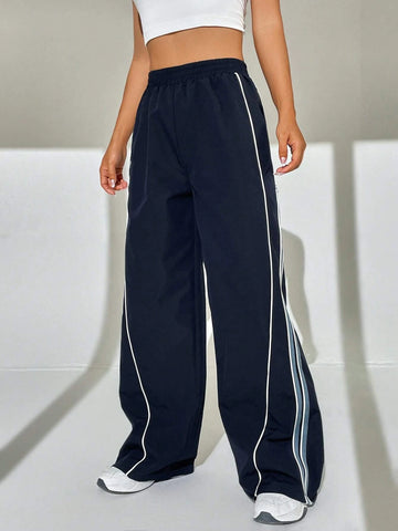 EZwear Contrast Piping Wide Leg Pants