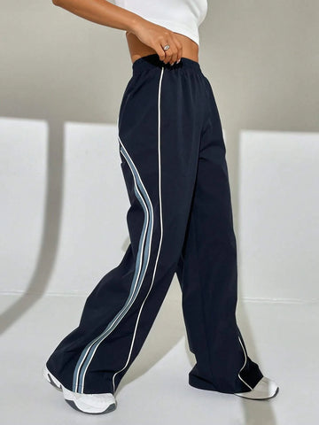 EZwear Contrast Piping Wide Leg Pants