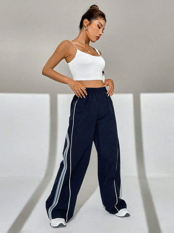 EZwear Contrast Piping Wide Leg Pants
