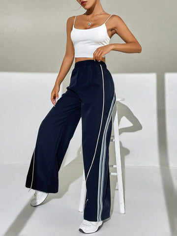 EZwear Contrast Piping Wide Leg Pants