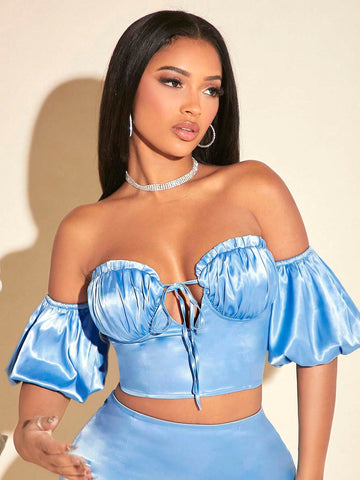 Off Shoulder Knot Front Ruched Bustier Crop Top