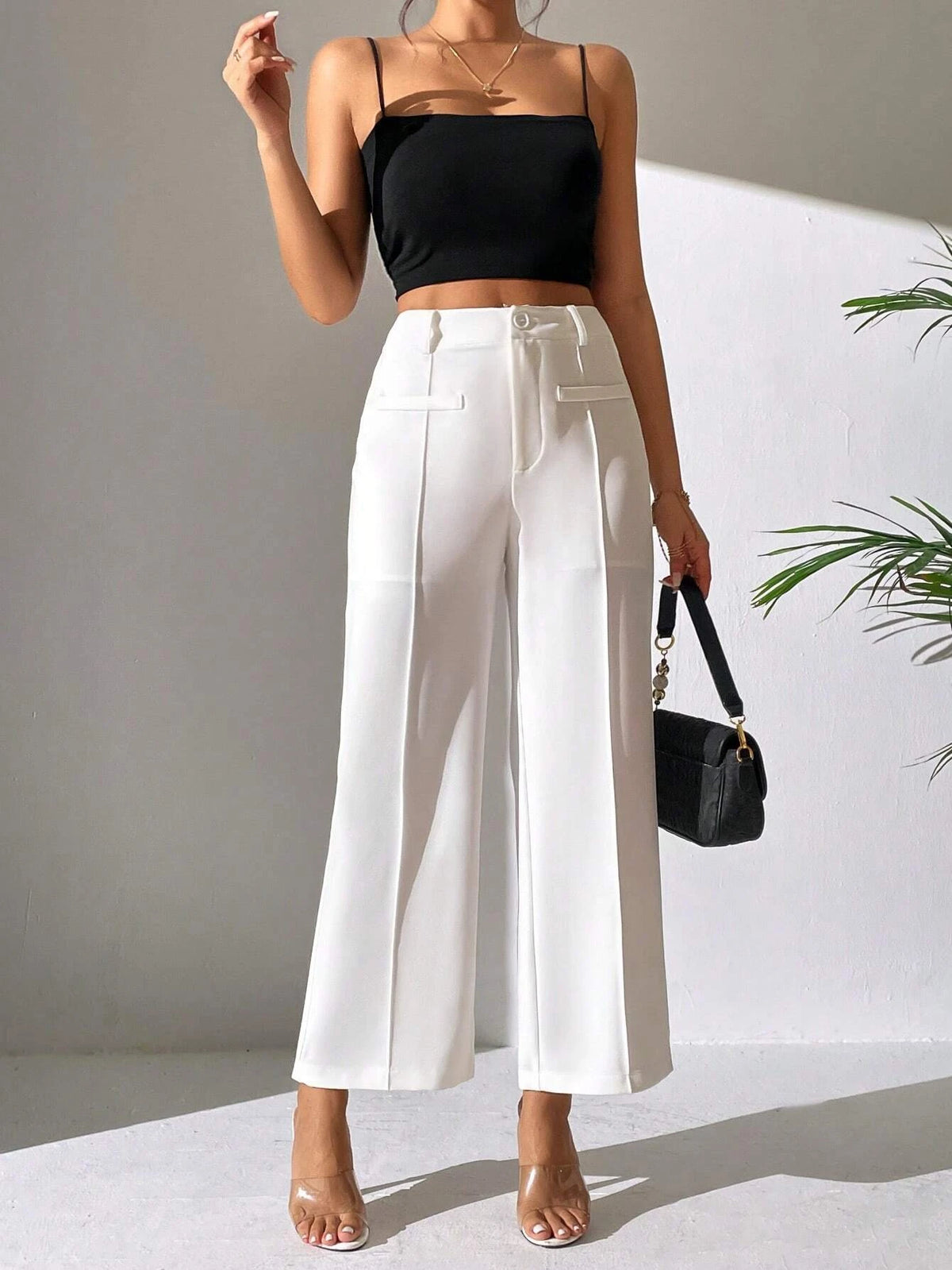 PETITE High Waist Seam Detail Wide Leg Pants