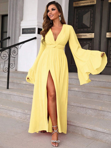 Joyfunear Plunging Neck Flounce Sleeve Split Thigh Chiffon Dress