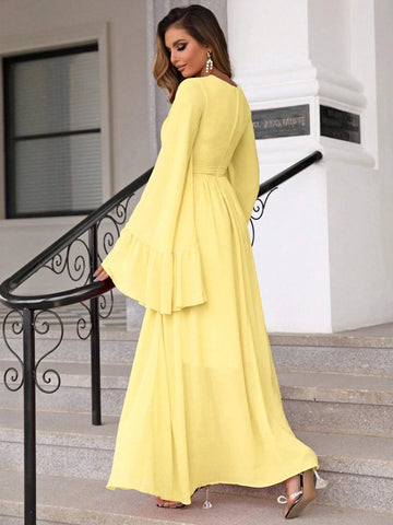 Joyfunear Plunging Neck Flounce Sleeve Split Thigh Chiffon Dress