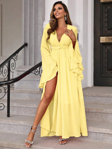 Joyfunear Plunging Neck Flounce Sleeve Split Thigh Chiffon Dress