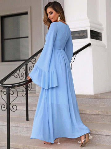 Joyfunear Plunging Neck Flounce Sleeve Split Thigh Chiffon Dress