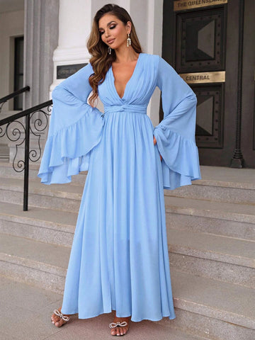 Joyfunear Plunging Neck Flounce Sleeve Split Thigh Chiffon Dress