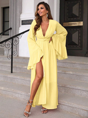Joyfunear Plunging Neck Flounce Sleeve Split Thigh Chiffon Dress
