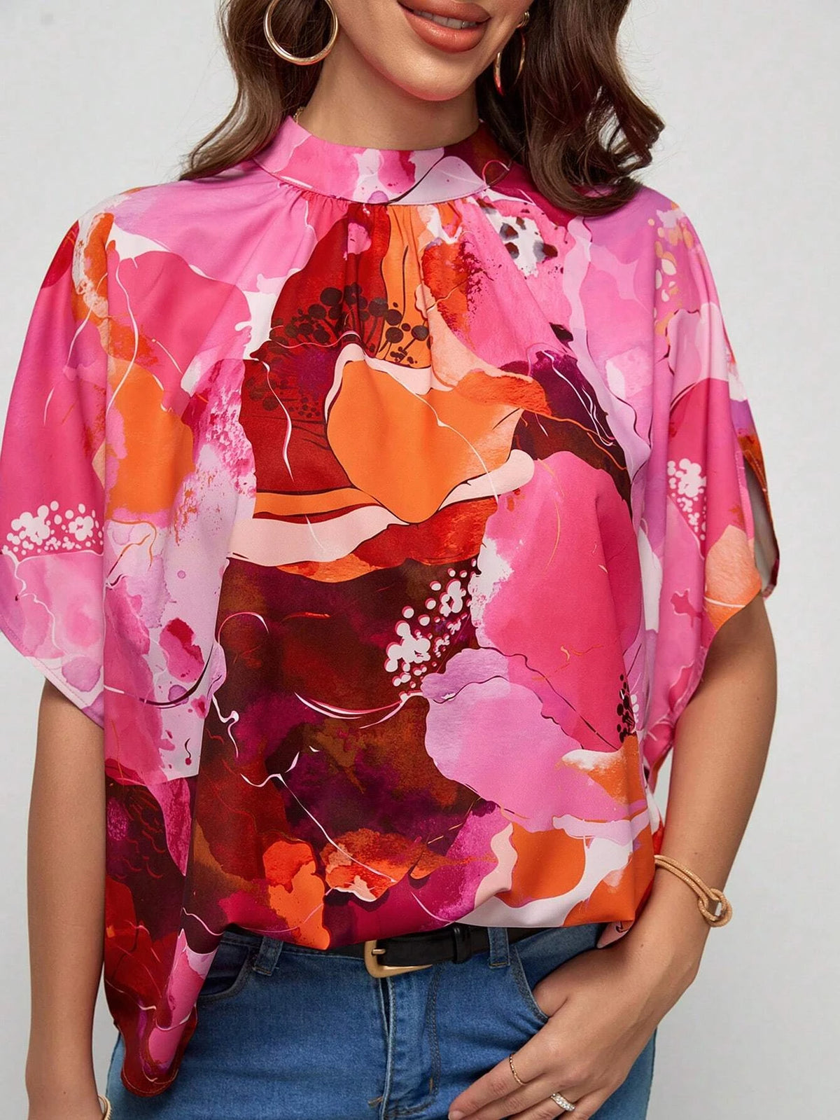 EMERY ROSE Floral Print Mock Neck Batwing Sleeve Blouse