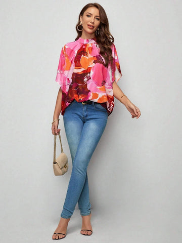 EMERY ROSE Floral Print Mock Neck Batwing Sleeve Blouse